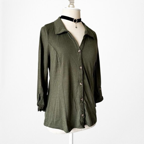 Fashion Nova Camo Green Knit Button Down Front 3/4 Sleeve Top Size M/L - Picture 5 of 7